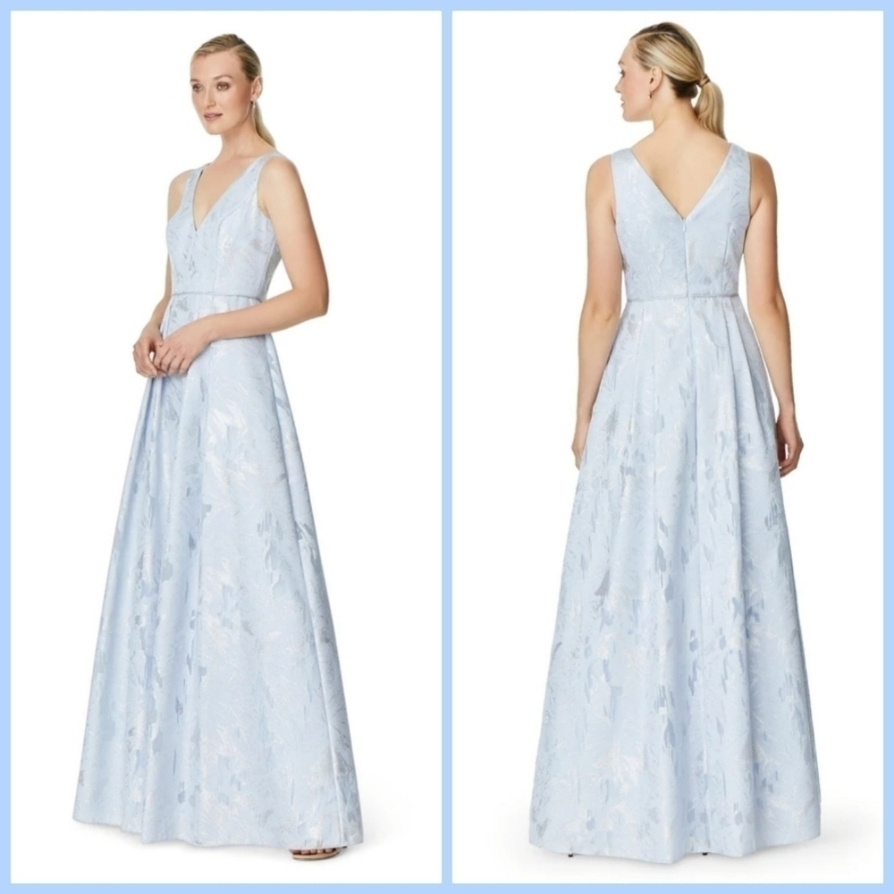 NWT Aidan Mattox Blue & Silver Floral Brocade Cinderella Gown